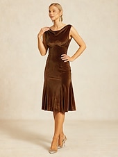 preiswerte abendkleider-Damen Midikleid Trompeten- Meerjungfrauenkleid Elegant Party Hochzeitsgast Cocktailparty Normale Passform Einfarbig Ärmellos Wasserfallausschnitt Braun