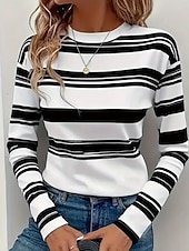 abordables Camiseta a rayas y geométrica-Mujer Camiseta Estampado Graphic A Rayas Vintage Moda Elegante Manga Larga Cuello Barco Tops regulares Diario Fin de semana Azul Piscina Blanco Caqui Otoño Invierno