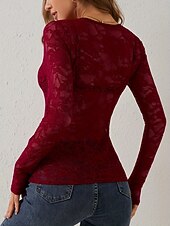 cheap Lace Tops-Women's Lace Shirt Blouse Lace Patchwork Solid Color Elegant Stylish Sexy Long Sleeve V Neck Regular Tops Daily Black White Wine Army Green Navy Blue Spring Fall Winter
