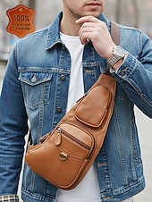 baratos Bolsas para Homem-bolsa tiracolo masculina de couro premium - mochila tiracolo estilosa com vários zíperes para uso diário, viagens e atividades ao ar livre