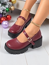 baratos Sapatos Mary Jane-Sapatos plataforma mary jane femininos bordô com tira de fivela, sola grossa, estilo casual e chique para inverno, natal e uso diário
