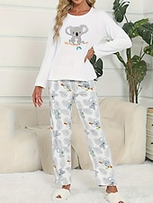 cheap Women&#039;s Sleep Tops &amp; Bottoms-Women&#039;s Pajamas Loungewear Pajama Set Flannel Warm Fashion Panda Elastic Waist Pant Home Daily Long Sleeve Crew Neck White Pink Light Blue Fall Winter Loose Fit