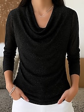 economico T-shirt semplice-Per donna Camicia Glitter Rete Elegante Essenziale Casual Manica Lunga Scollo a Cascata Top Regolari Blu Nero Giallo Rosso Viola Primavera, Autunno, Inverno, Estate