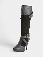 abordables Medieval &amp; Renacimiento-Botas medievales marrones por encima de la rodilla para mujer con tacones de aguja altos y diseño de correa con hebilla, botas de moda de estilo renacentista vintage para fiestas de disfraces, cosplay