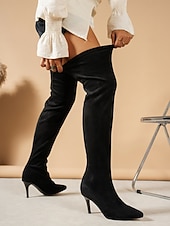 economico Stivali da donna-stivali con tacco alto sopra il ginocchio e punta affilata - stivali alti fino alla coscia in finta pelle scamosciata per donna, disponibili in nero e marrone