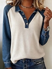  Dame Skjorte Teksturbluse Waffle Lounge T-skjorte T skjorte Lapper Knapper Fargeblokk Aktiv Fritid Langermet Skjortekrage Vanlige topper Daglig Ferie Ut på byen Hvit Høst Vinter