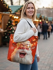 economico Borse con stampa grafica-borsa tote natalizia da donna – design di Babbo Natale con albero di Natale festivo e fiocchi di neve, divertente e stravagante, regalo perfetto per le feste di Natale, le festività invernali e lo shopping