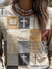 tanie koszulka sztuka i design-Damskie Podkoszulek Nadruk Graficzny Geometryczny Zabytkowe Moda Elegancki Długi rękaw Półgolf Okrągły dekolt Zwykłe topy Codzienny Weekend Beżowy Jesień Zima