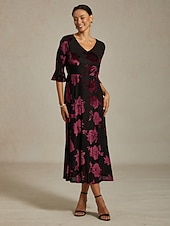  Women's Midi Dress A Line Dress Elegant Birthday Cocktail Wedding Guest Velvet Daily Cocktail Party Regular Fit Floral Half Sleeve V Neck Navy Blue Spring Fall Winter