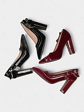 abordables Escarpins à talon bloc-Escarpins à talons hauts en velours bordeaux pour femmes avec accents en cuir verni et détail nœud, élégants et stylés, parfaits pour les fêtes, Noël et les occasions formelles