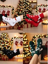 Недорогие Женские носки-Женский рождественский комплект носков, 4 пары, снежинка &amp;Зимние носки с оленями и помпонами, уютные вязаные короткие праздничные носки для подарков, дома &amp;рождественские вечеринки