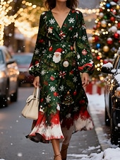 cheap Christmas Dresses-Christmas Women&#039;s Midi Dress A Line Dress Vacation Casual Party Daily Evening Party Regular Fit Graphic Snowflake Long Sleeve V Neck White Red Green Fall Winter