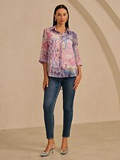 abordables chemises, hauts et chemisiers-Chemisier femme violet clair bohème combinaison imprimé col chemise devant fausse patte décontracté vacances voyage printemps automne