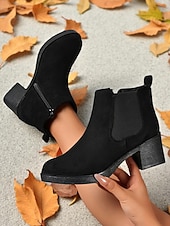 baratos Botas de tornozelo-Botas femininas vermelhas com zíper no tornozelo - botas estilosas de salto grosso em camurça sintética para o Natal, escritório e passeios casuais