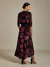  Mulheres encolhe os ombros Floral Elegante Vintage Manga 3/4 Decote V Festa de Noite Convidado do casamento Traje de festa para noite Vinho Outono Inverno