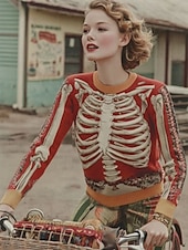 Női Pulóver Csontváz Divat Kényelmes Grafikai Csontváz Kerek Nyakú Kötött Hosszú Ujjú Rendszeres Felsők Kötött Piros Kék Ősz Tél olcso Grafikus minták és részletek-Női Pulóver Csontváz Divat Kényelmes Grafikai Csontváz Kerek Nyakú Kötött Hosszú Ujjú Rendszeres Felsők Kötött Piros Kék Ősz Tél