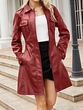 billiga Jackor i konstläder-Dam Imitationsläderjacka Trenchcoat Bekväm Knappar Ledigt Slät Utomhus Semester Helgdag Utekväll Lång Nedvikt Normal Långärmad Ytterkläder Svart Vin Kamel Vår Höst