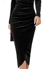 preiswerte Einfaches Kleid-Damen Samt Midi Kleid Etuikleid Wickelkleid A-Linie Kleid Party Cocktail Party Hochzeitsgast Reguläre Passform Einfarbig Langarm V-Ausschnitt Schwarz Lila Grün Herbst Winter