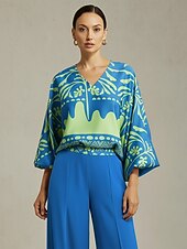 abordables camisas, tops y blusas-Top de mujer de satén azul con estampado floral de vacaciones, manga farol, cuello en V, informal, para primavera y otoño