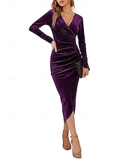 preiswerte Einfaches Kleid-Damen Samt Midi Kleid Etuikleid Wickelkleid A-Linie Kleid Party Cocktail Party Hochzeitsgast Reguläre Passform Einfarbig Langarm V-Ausschnitt Schwarz Lila Grün Herbst Winter
