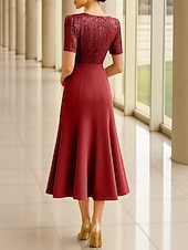 preiswerte Knöchellänge-Meerjungfrauenschnitt Knöchellänge Partykleid Cocktailkleid Kurzarm V Ausschnitt Elegant Formell Baumwollmischung Polyester Brautmutterkleid mit Farbblock