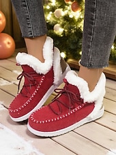 olcso Női karácsonyi cipők-Női Csizmák Hócipők Fűzős csizmák Téli csizma Karácsony Napi Gyapjú bélelt Csizmák Bokacsizmák Lapos Kerek orrú Alkalmi Műszőrme Ruhaanyag Papucs Fekete Rózsaszín Piros