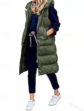 cheap Down Vests-Women&#039;s Winter Coat Down Jacket Vest Warm Comfortable Pocket Buttons Casual Plain Vacation Daily Wear Going out Weekend Long Hooded Regular Fit Sleeveless Outerwear Black Wine Khaki Fall Winter