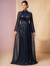 ieftine Lungimea podelei-Rochie de invitată la nuntă A-Line lungă rochii formale rochie de seară rochie pentru mama miresei cu mâneci lungi gât înalt elegantă vintage strălucire și strălucire spandex cu paiete