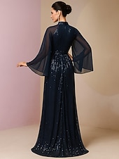 ieftine Lungimea podelei-Rochie de invitată la nuntă A-Line lungă rochii formale rochie de seară rochie pentru mama miresei cu mâneci lungi gât înalt elegantă vintage strălucire și strălucire spandex cu paiete