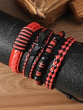 levne Pánské šperky-Pánská sada náramků z umělé kůže, červeno-černé tkané náramky s detaily zlého oka a korálků, stylové na Vánoce, různé vzory