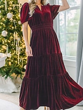 olcso Buliruhák-Női Midi ruha Karácsonyi ruha Bársony ruha Party ruha Koktélruha Elegáns Modern Parti Születésnap Estély Normál Sima Rövid ujjú V-alakú Bor Katonai zöld Sötétkék Sötétzöld Tavasz Ősz