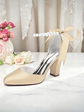 billige Pumps med blokkhæl-dame oransje sateng pumps med blokkhæl og perlemor &amp;bånd ankelstropp - elegante spisse høyhælte sko til bryllup, fester &amp;kveldsarrangementer