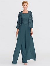 abordables Combinaisons pour maman-Pantalon de mariage de plage 3 pièces mère de la mariée invité de mariage élégant taille plus décolleté carré longueur de sol en chiffon dentelle cordée sans manches enveloppe incluse avec appliqués