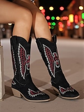 Недорогие Ковбой и западные ботинки-Женские ковбойские сапоги в стиле вестерн из зеленой замши с вышивкой и массивным каблуком — модные ковбойские сапоги в стиле бохо для рождественских фестивалей, уличной моды и повседневных мероприятий