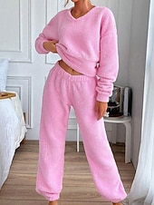 tanie Doły i topy do spania dla kobiet-Damskie Piżama Odzież domowa Zestawy piżamowe Flanela Ciepłe Moda Czyste kolory Elastyczny pas Nogawka Dom Codzienny Długi rękaw W serek Rumiany róż Jesień Zima Regularny