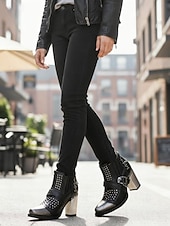 billige Ankel støvler-Svarte gotiske ankelstøvletter fra 1980-tallet til dame med hodeskallespenne og nagler, punkstøvletter med grov hæl til halloween-fester og kvelder ute