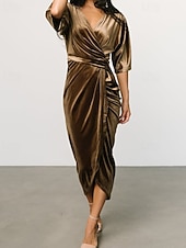 Damen Midikleid Samtkleid Partykleid Cocktailkleid Mode Modern Party Abendgesellschaft Normale Passform Einfach Halbarm V Ausschnitt Schwarz Wein Dunkelgrün Kamel Herbst Winter preiswerte abendkleider-Damen Midikleid Samtkleid Partykleid Cocktailkleid Mode Modern Party Abendgesellschaft Normale Passform Einfach Halbarm V Ausschnitt Schwarz Wein Dunkelgrün Kamel Herbst Winter