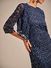 billige Blonder topper-Dame Blondeskjorte Paljetter Blonde Elegant 3/4 ermer V-hals Aftenselskap Bryllupsgjest Navyblå Sommer Vår Høst Vinter