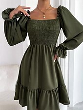 Damen Minikleid Schößchen Kleider Gerafftes Kleid Modern Outdoor Ferien Ausgehen Normale Passform Einfach Langarm Quadrathals Schwarz Wein Armeegrün Leicht Braun Frühling Herbst preiswerte abendkleider-Damen Minikleid Schößchen Kleider Gerafftes Kleid Modern Outdoor Ferien Ausgehen Normale Passform Einfach Langarm Quadrathals Schwarz Wein Armeegrün Leicht Braun Frühling Herbst