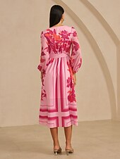 Długa sukienka damska z tkaniny wiskozowej z dekoltem w serek, elastycznym pasem, marszczeniem, odpinanym paskiem, prześwitującym szyfonem, rękawami z panelami, różowo-czerwonym wzorem kwiatowym, tanie sukienka na co dzień-Długa sukienka damska z tkaniny wiskozowej z dekoltem w serek, elastycznym pasem, marszczeniem, odpinanym paskiem, prześwitującym szyfonem, rękawami z panelami, różowo-czerwonym wzorem kwiatowym,