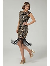 cheap 1920s Dresses-Roaring 20s 1920s Knee Length Flapper Dress Cap Sleeves The Great Gatsby Sequins Fringe Scoop Neck Fancy Dress Women's Christmas Carnival speakeasy Masquerade Retro Theme Party Adults' Dress