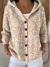 cheap Open Front Cardigan-Women's Sweater Daily Floral Hooded Print Long Sleeve Regular Tops Knit Daily White Light Green Spring Fall