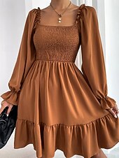 Damen Minikleid Schößchen Kleider Gerafftes Kleid Modern Outdoor Ferien Ausgehen Normale Passform Einfach Langarm Quadrathals Schwarz Wein Armeegrün Leicht Braun Frühling Herbst preiswerte abendkleider-Damen Minikleid Schößchen Kleider Gerafftes Kleid Modern Outdoor Ferien Ausgehen Normale Passform Einfach Langarm Quadrathals Schwarz Wein Armeegrün Leicht Braun Frühling Herbst