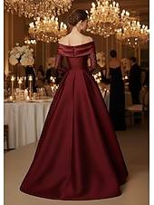 abordables Vestidos de Noche en A-Corte A Hasta el Suelo Vestidos de noche Corte Cenicienta Vestimenta formal Elegante Sedoso Manga Larga Hombros Caídos Boda Formal Bolsillo Satén Satén elástico con Plisado Cuentas