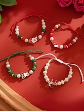 Недорогие Рождественские аксессуары-Женский рождественский браслет из бисера с подвесками в виде Санты, оленей и снеговика, красно-зеленые эластичные браслеты с жемчугом, праздничный подарок на праздник для нее