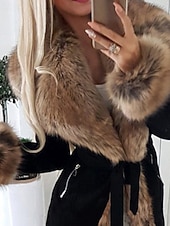 abordables Fourrures &amp; Cuirs-Femmes Manteau d&#039;Hiver Manteau Manteau en Fausse Fourrure Chaud Confortable Patchwork Occasionnel Uni Extérieur Vacances Sortir Week-end Long Col Rabattu Mince manche longue Vêtements d&#039;extérieur