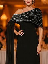 billiga Aftonklänningar-Åtsmitande Kvälls klänningar Elegant Formell klädsel Formell Bröllop Golvlång Ärmlös Över axeln Stretch crepe med Strass Broderad 2025