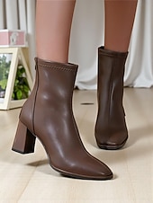 זול מגפי קרסול-מגפוני קרסול מרובעים מעור דמוי עור בצבע קרם לנשים, מגפונים אלגנטיים עם עקב בלוק ורוכסן ללבישה במשרד, מסיבות ותלבושות סתיו