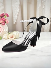 billige Pumps med blokkhæl-dame oransje sateng pumps med blokkhæl og perlemor &amp;bånd ankelstropp - elegante spisse høyhælte sko til bryllup, fester &amp;kveldsarrangementer