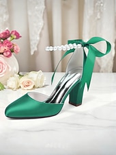 billige Pumps med blokkhæl-dame oransje sateng pumps med blokkhæl og perlemor &amp;bånd ankelstropp - elegante spisse høyhælte sko til bryllup, fester &amp;kveldsarrangementer